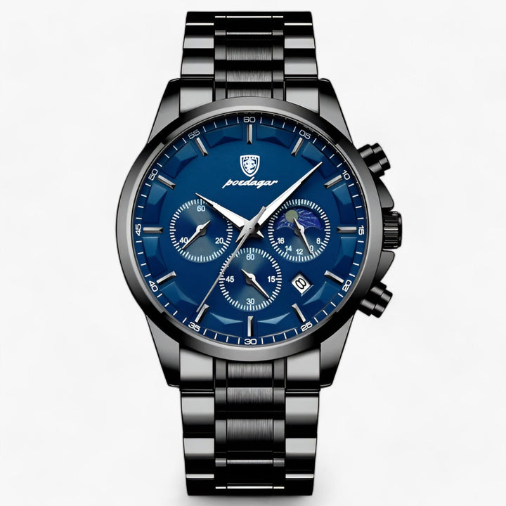 Herren Chronograph Uhr mit Edelstahlarmband und Mondphase-Schwarz Blau S-Luzern Mode
