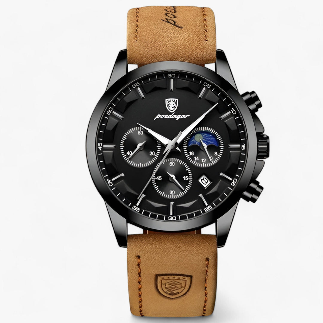 Herren Chronograph Uhr mit Edelstahlarmband und Mondphase-Schwarz Schwarz L-Luzern Mode