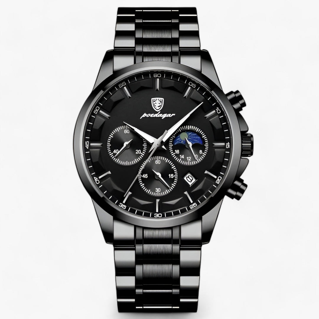 Herren Chronograph Uhr mit Edelstahlarmband und Mondphase-Schwarz Schwarz S-Luzern Mode