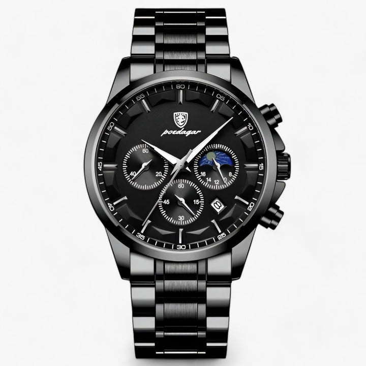 Herren Chronograph Uhr mit Edelstahlarmband und Mondphase-Schwarz Schwarz S-Luzern Mode