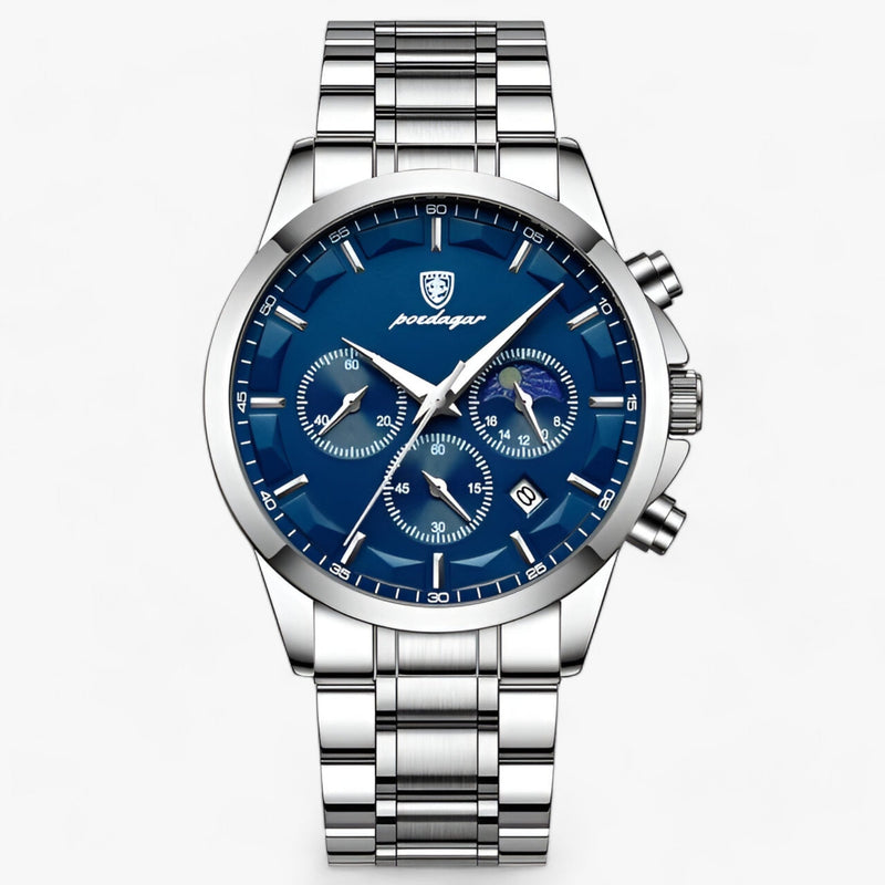 Herren Chronograph Uhr mit Edelstahlarmband und Mondphase-Silber Blau S-Luzern Mode