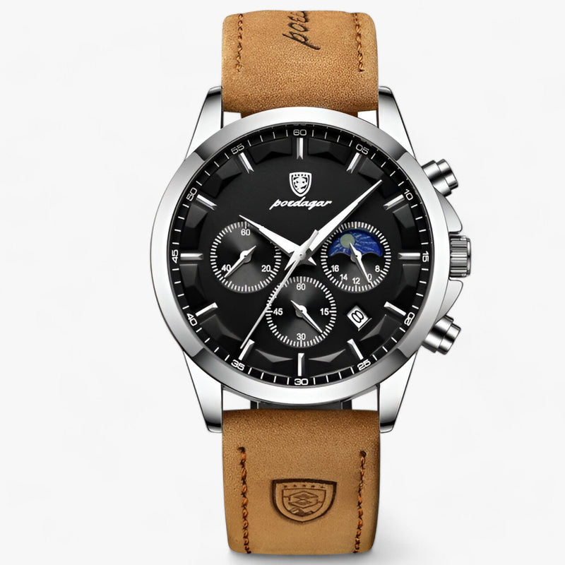 Herren Chronograph Uhr mit Edelstahlarmband und Mondphase-Silber Schwarz L-Luzern Mode