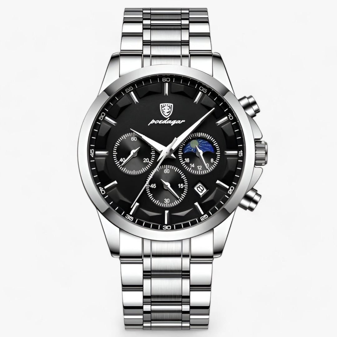 Herren Chronograph Uhr mit Edelstahlarmband und Mondphase-Silber Schwarz S-Luzern Mode