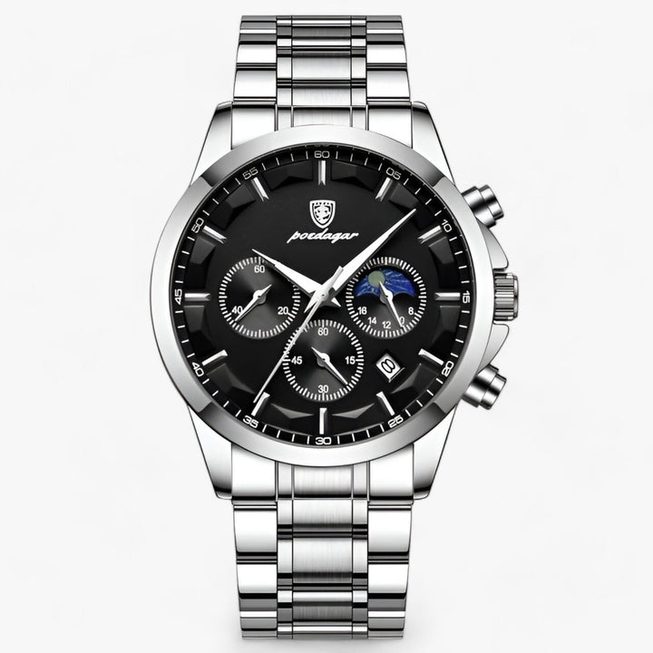 Herren Chronograph Uhr mit Edelstahlarmband und Mondphase-Silber Schwarz S-Luzern Mode