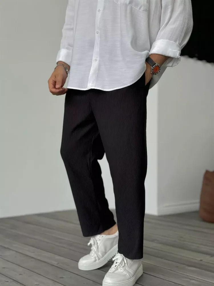 Luxuriöse Herrenhose | Weicher Stoff | Lässig | Unifarben | Rippmuster-Schwarz-S-Luzern Mode