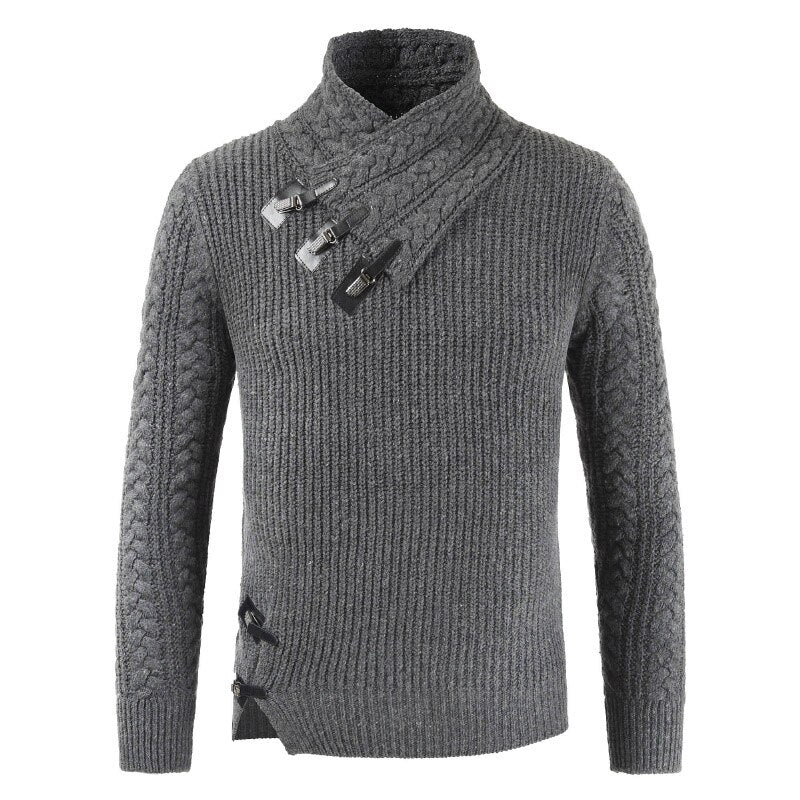Herren Strickpullover mit Knopfdesign und Zopfmuster-Dunkelgrau-S-Luzern Mode