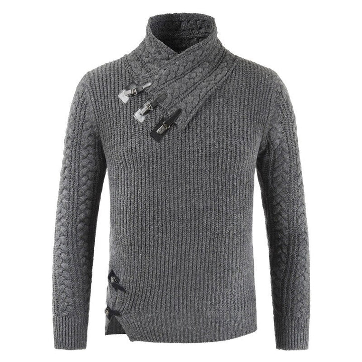 Herren Strickpullover mit Knopfdesign und Zopfmuster-Dunkelgrau-S-Luzern Mode