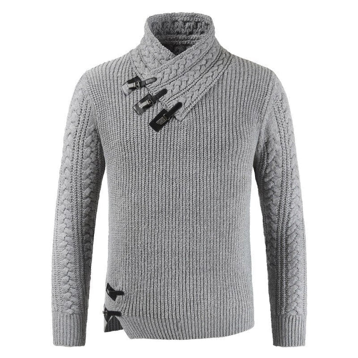Herren Strickpullover mit Knopfdesign und Zopfmuster-Grau-S-Luzern Mode