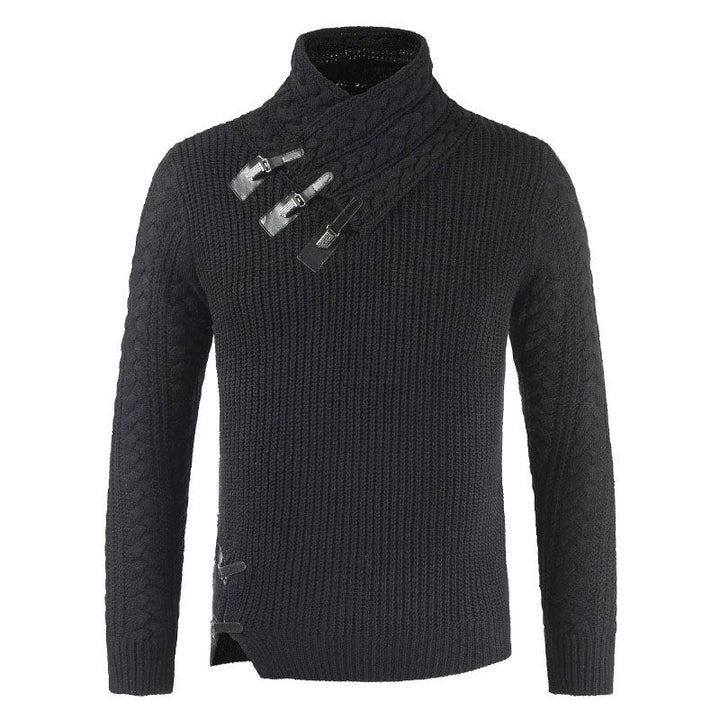 Herren Strickpullover mit Knopfdesign und Zopfmuster-Schwarz-S-Luzern Mode