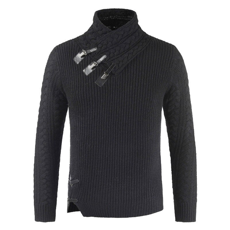 Herren Strickpullover mit Knopfdesign und Zopfmuster-Schwarz-S-Luzern Mode
