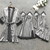Damen Pyjama Set mit Spitzenbesatz - Nachtwäsche Kollektion-Grau-S-Luzern Mode