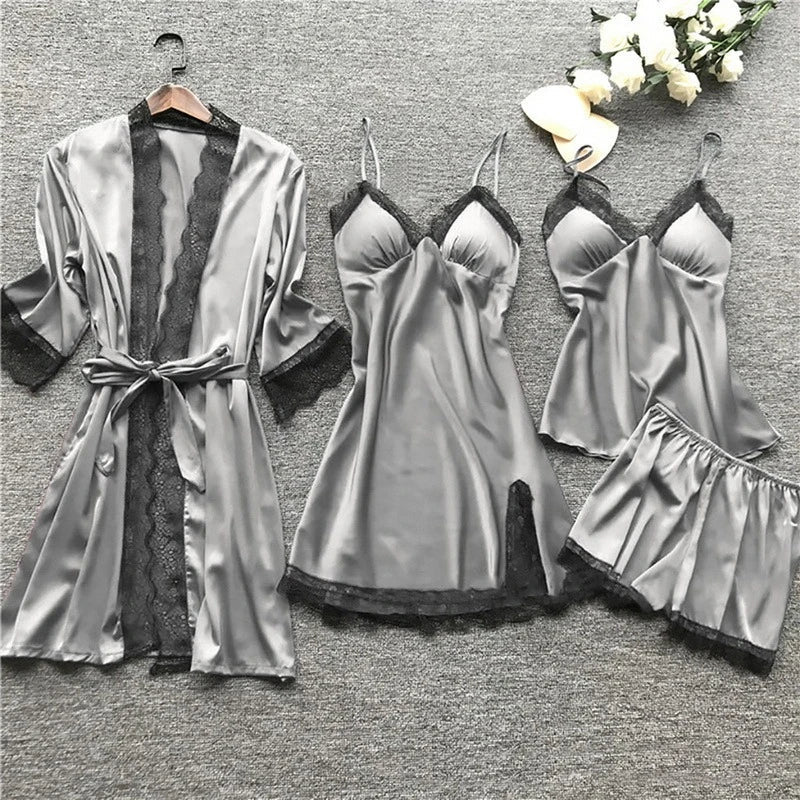 Damen Pyjama Set mit Spitzenbesatz - Nachtwäsche Kollektion-Grau-S-Luzern Mode