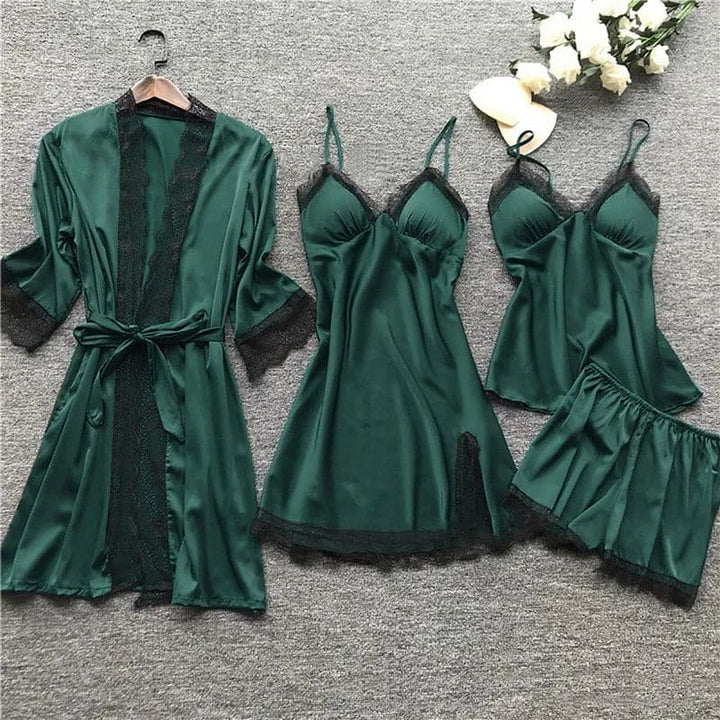 Damen Pyjama Set mit Spitzenbesatz - Nachtwäsche Kollektion-Grün-S-Luzern Mode