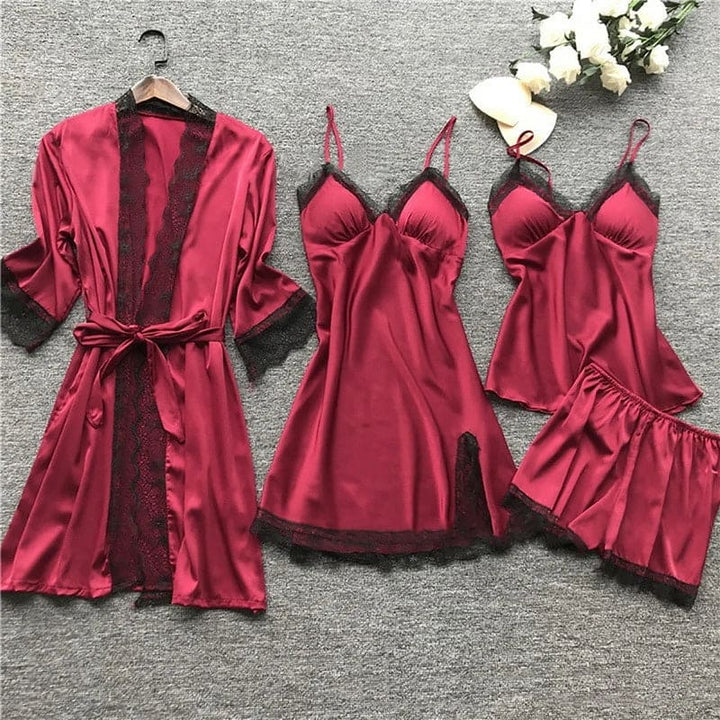 Damen Pyjama Set mit Spitzenbesatz - Nachtwäsche Kollektion-Rot-S-Luzern Mode
