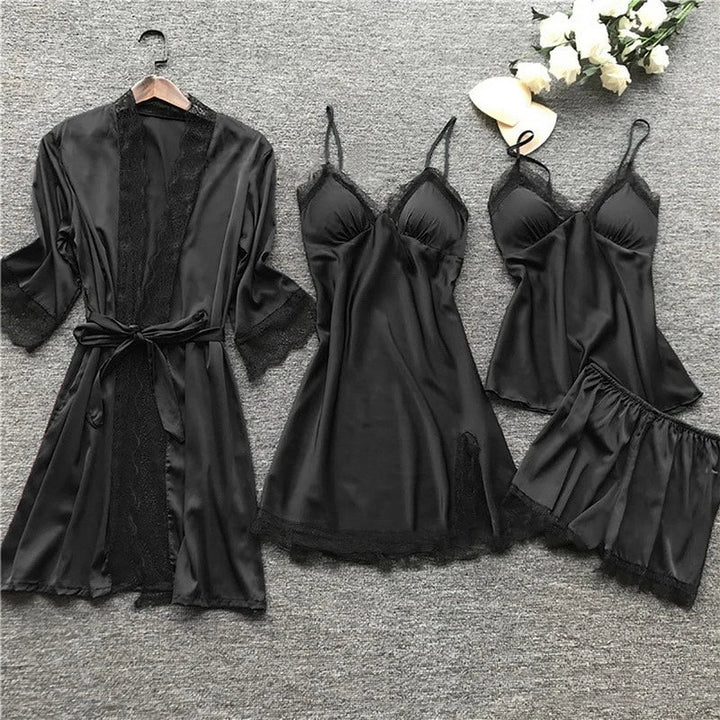 Damen Pyjama Set mit Spitzenbesatz - Nachtwäsche Kollektion-Schwarz-S-Luzern Mode