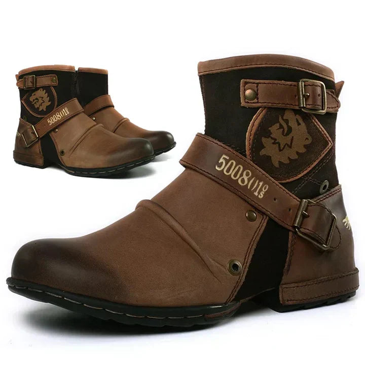 Herren Motorradstiefel mit Schnallen und Löwenemblem-Braun-39-Luzern Mode
