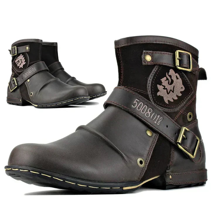 Herren Motorradstiefel mit Schnallen und Löwenemblem-Kaffee-39-Luzern Mode