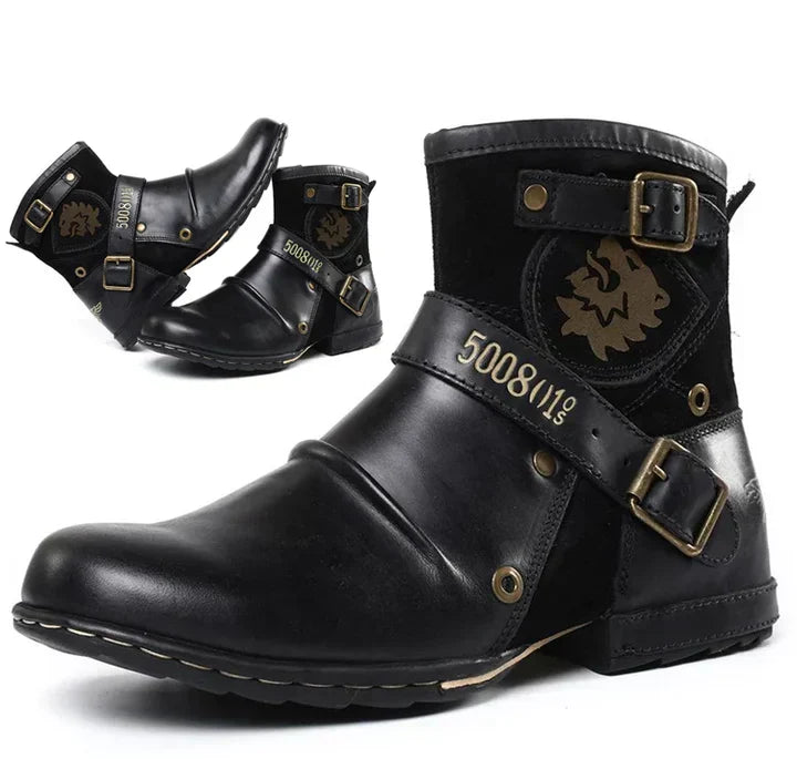 Herren Motorradstiefel mit Schnallen und Löwenemblem-Schwarz-39-Luzern Mode