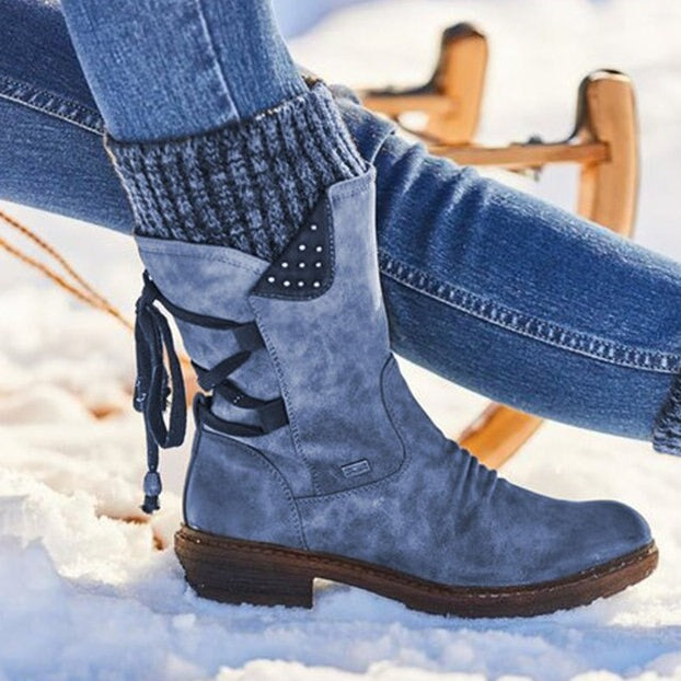 Damen Winterstiefeletten mit Schnürung und Nieten-Design-Blau-35-Luzern Mode