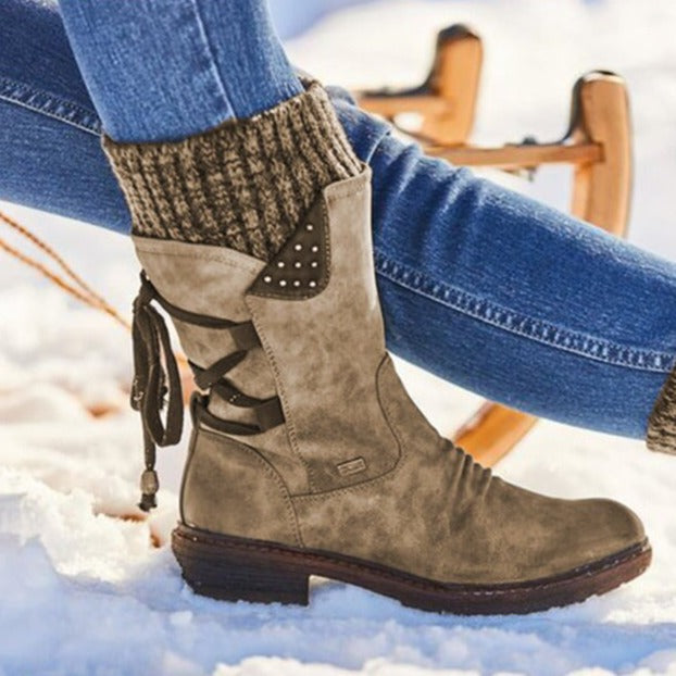 Damen Winterstiefeletten mit Schnürung und Nieten-Design-Braun-35-Luzern Mode