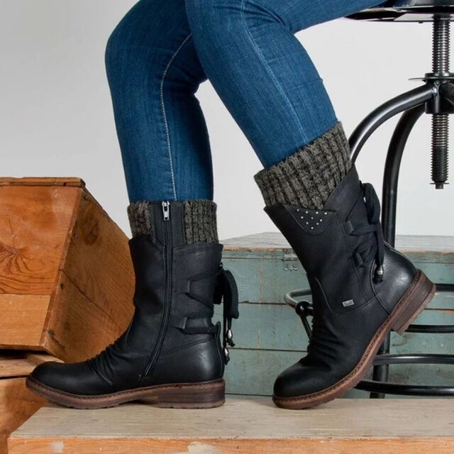 Damen Winterstiefeletten mit Schnürung und Nieten-Design-Schwarz-35-Luzern Mode