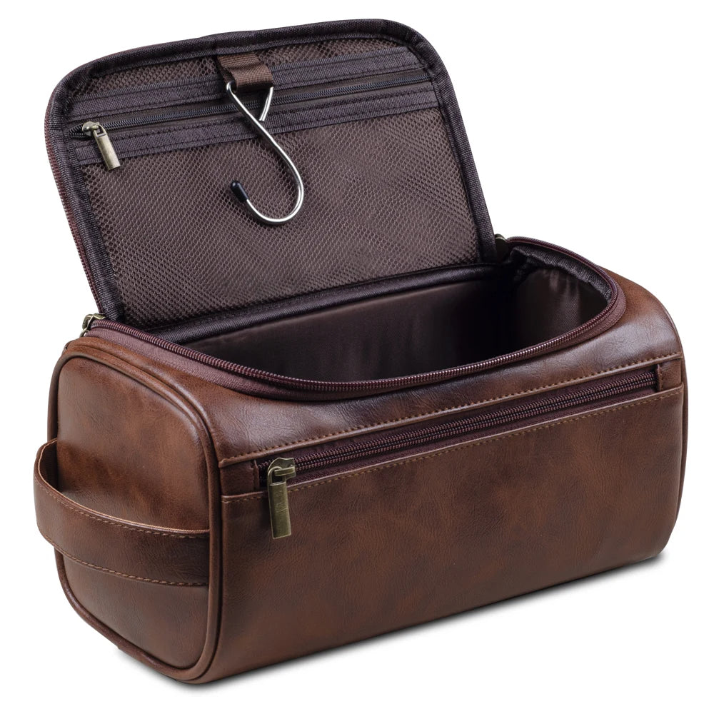 Luxe Kosmetiktasche | Leder | Dreilagig | Geräumig | Reißverschluss | Haken-Dunkelbraun-Luzern Mode