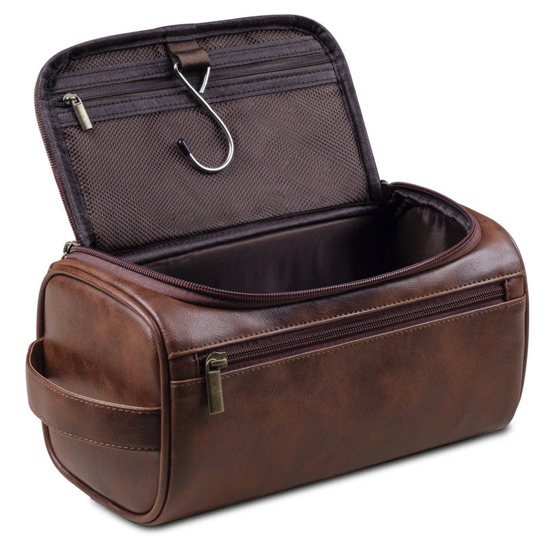 Luxe Kosmetiktasche | Leder | Dreilagig | Geräumig | Reißverschluss | Haken-Dunkelbraun-Luzern Mode
