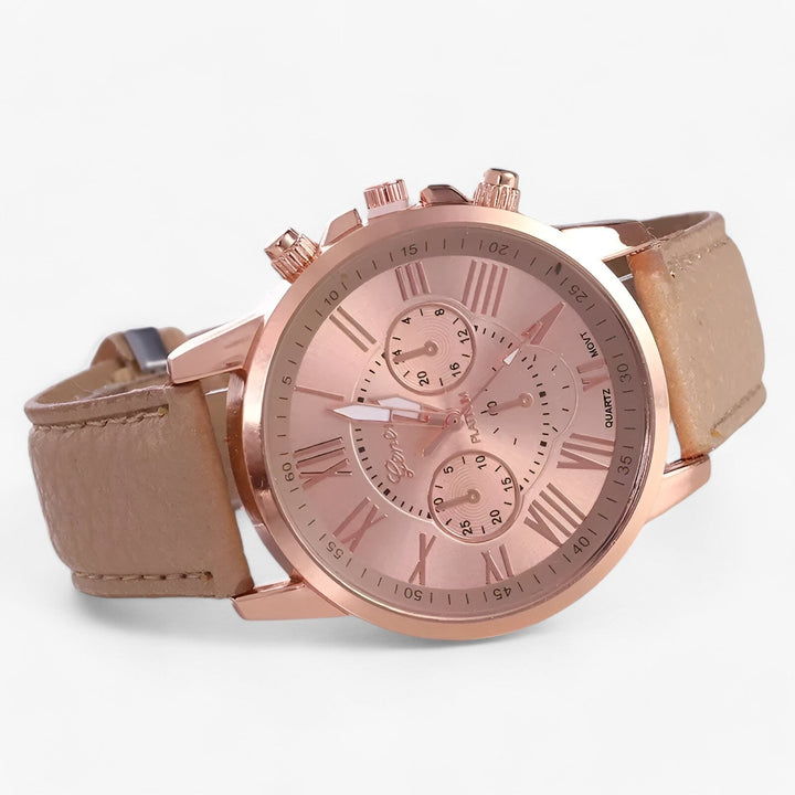 Damenarmbanduhr | Wasserdicht | Lederband | Rund | Römische Ziffern-Khaki-Luzern Mode