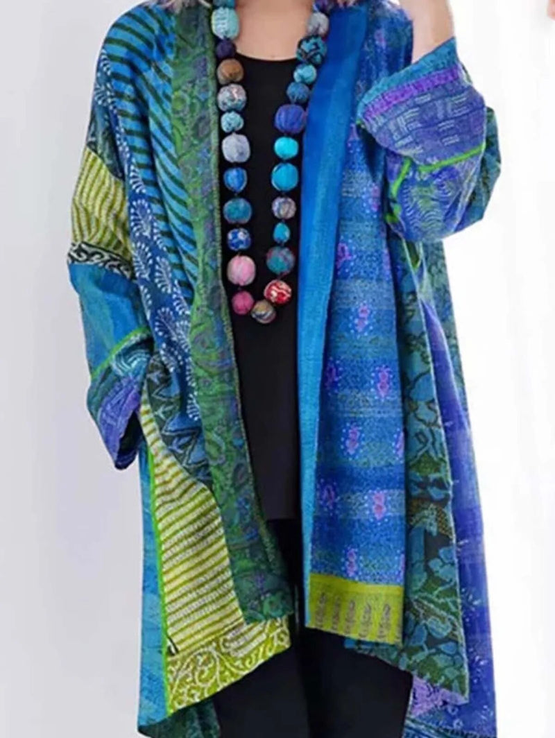Boho Damen Kimono Cardigan mit Ethno Muster und Perlenkette-Blau-S-Luzern Mode