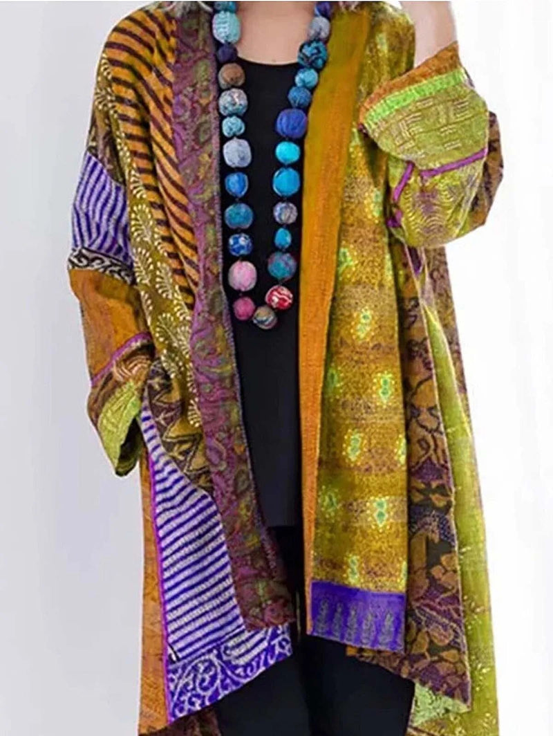 Boho Damen Kimono Cardigan mit Ethno Muster und Perlenkette-Gelb-S-Luzern Mode