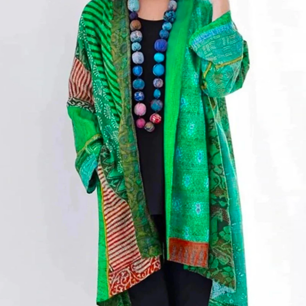 Boho Damen Kimono Cardigan mit Ethno Muster und Perlenkette-Grün-S-Luzern Mode