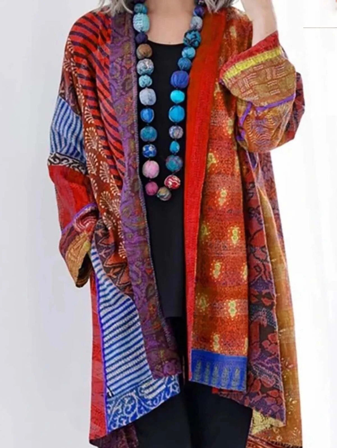 Boho Damen Kimono Cardigan mit Ethno Muster und Perlenkette-Rot-S-Luzern Mode
