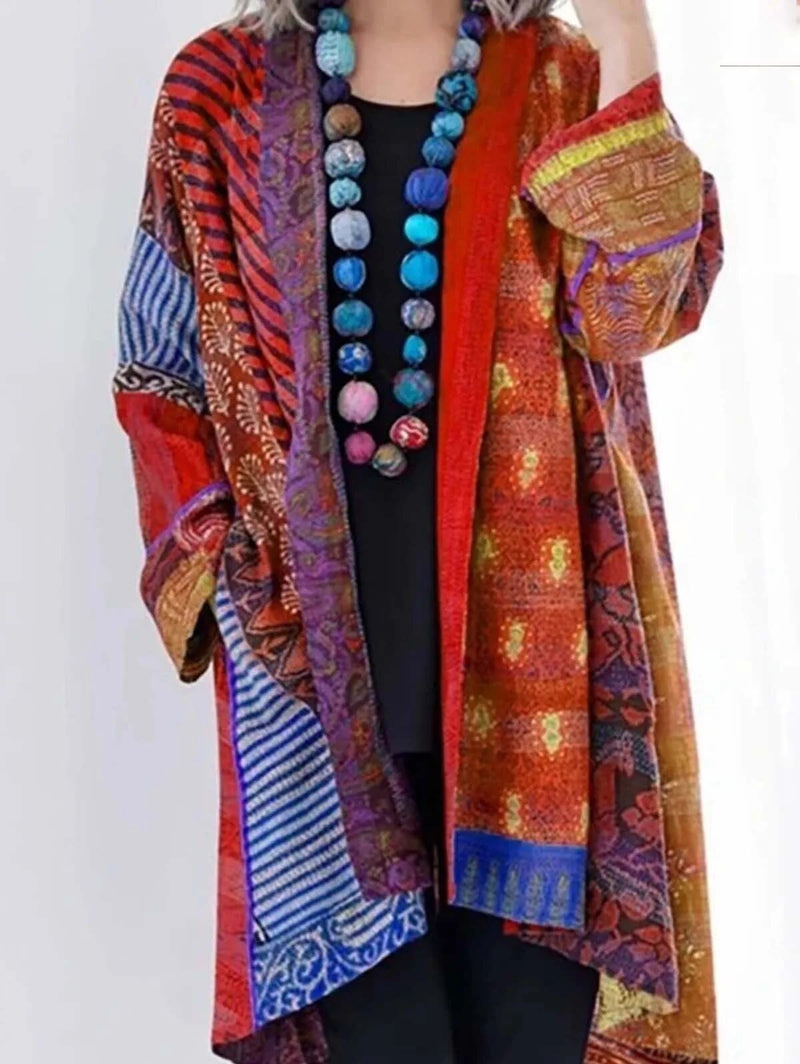 Boho Damen Kimono Cardigan mit Ethno Muster und Perlenkette-Rot-S-Luzern Mode