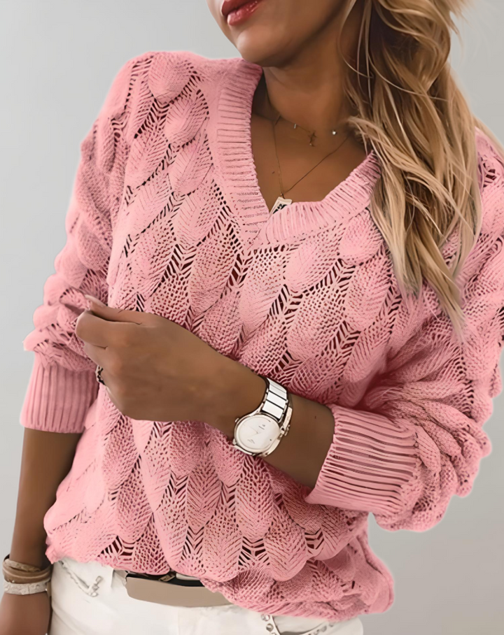 Damen Strickpullover V-Ausschnitt Zopfmuster Elegant-XS-Rosa-Luzern Mode