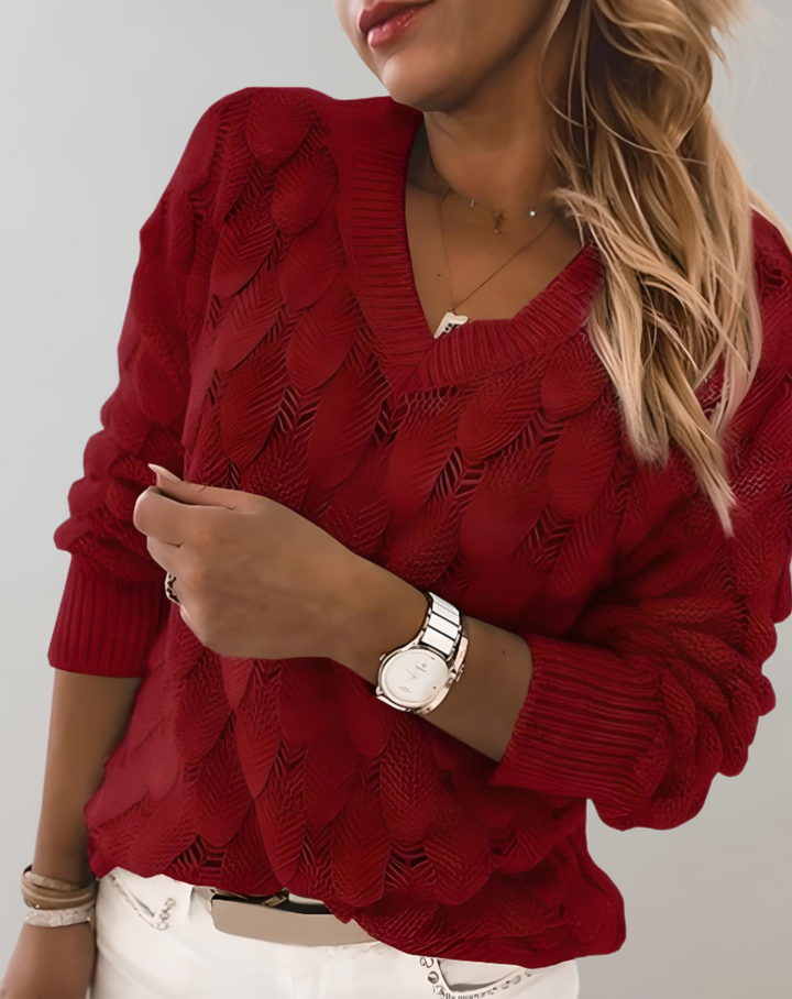 Damen Strickpullover V-Ausschnitt Zopfmuster Elegant-XS-Rot-Luzern Mode