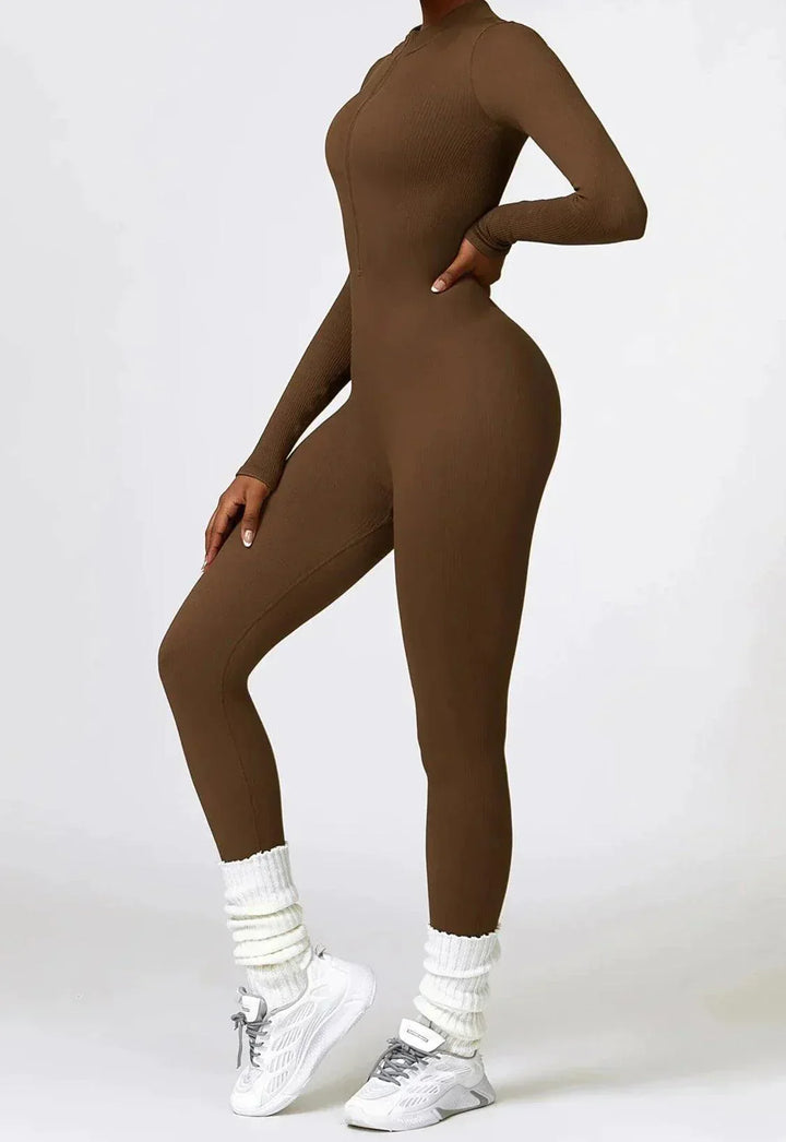 Damen Jumpsuit Langarm Einteiler Sportlich Bequem-Braun-XS-Luzern Mode