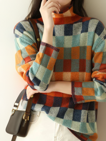 Damen Rollkragenpullover Kariert - Modischer Strickpullover-Luzern Mode