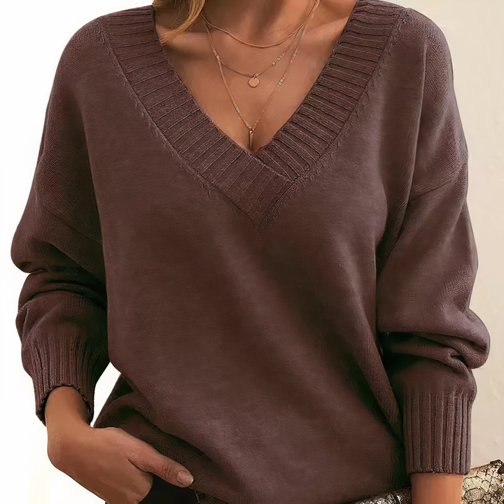 Damen V-Ausschnitt Pullover Strickmode Herbst Winter-Braun-S-Luzern Mode