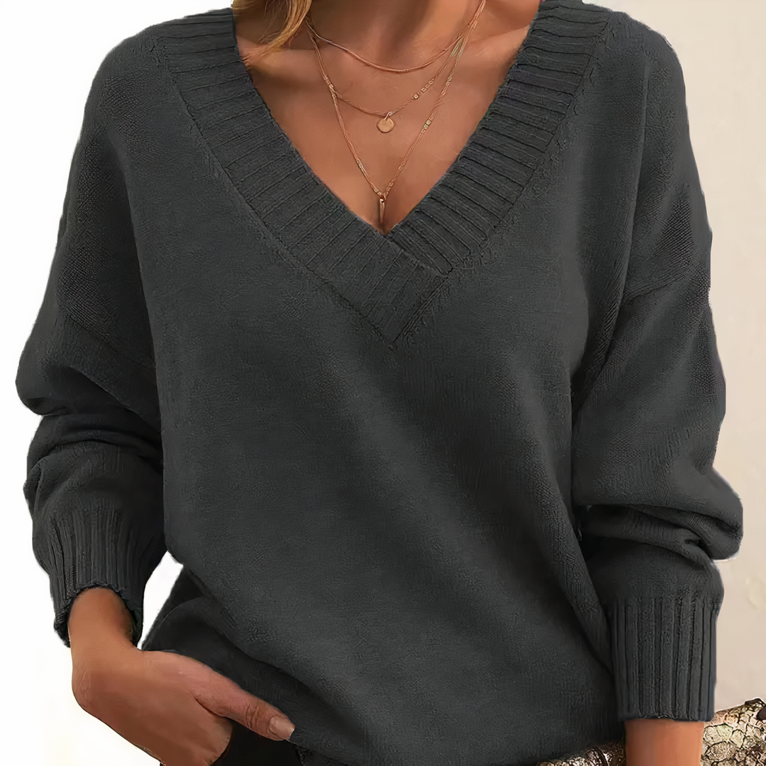 Damen V-Ausschnitt Pullover Strickmode Herbst Winter-Dunkelgrau-S-Luzern Mode