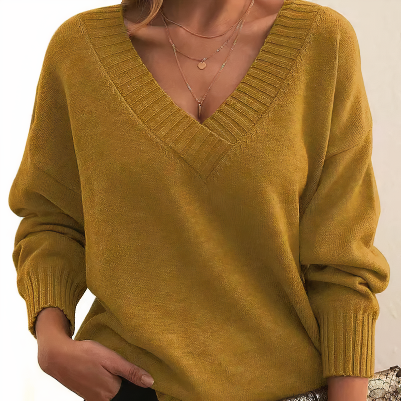 Damen V-Ausschnitt Pullover Strickmode Herbst Winter-Gold-S-Luzern Mode