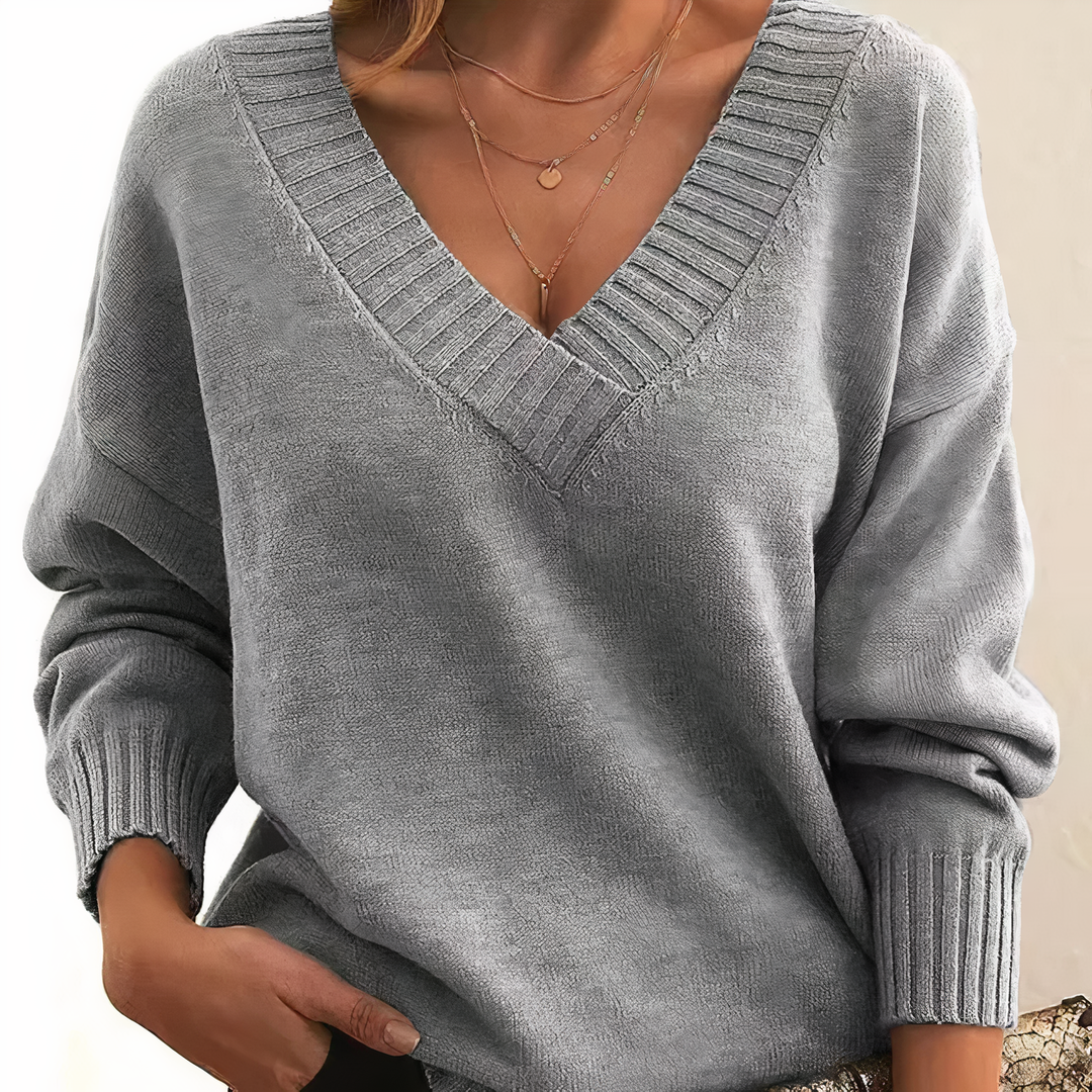 Damen V-Ausschnitt Pullover Strickmode Herbst Winter-Grau-S-Luzern Mode