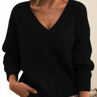 Damen V-Ausschnitt Pullover Strickmode Herbst Winter-Schwarz-S-Luzern Mode