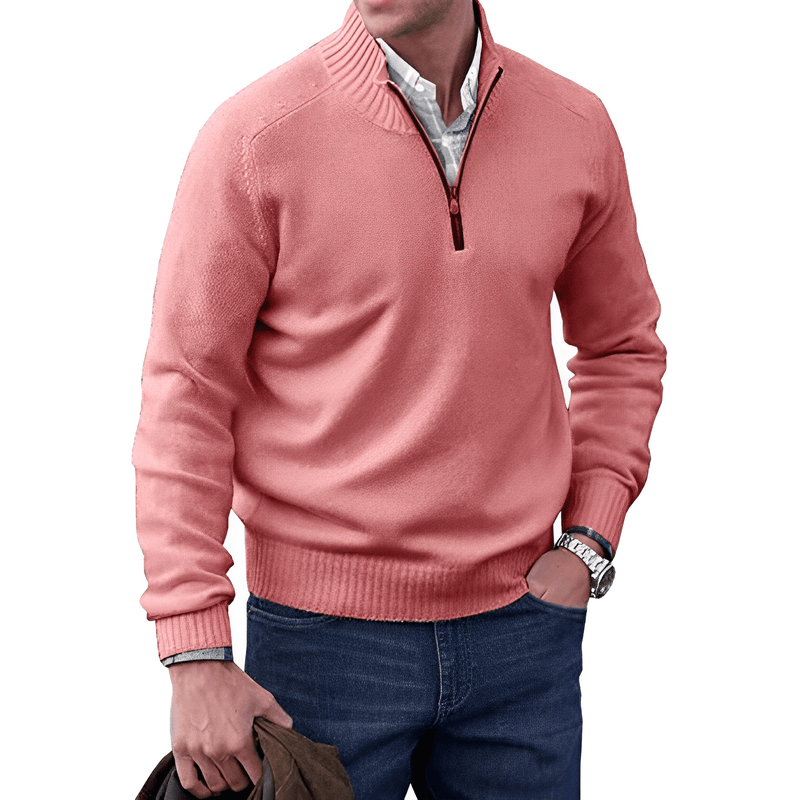 Herren Strickpullover mit Reißverschluss und Stehkragen-Rosa-M-Luzern Mode