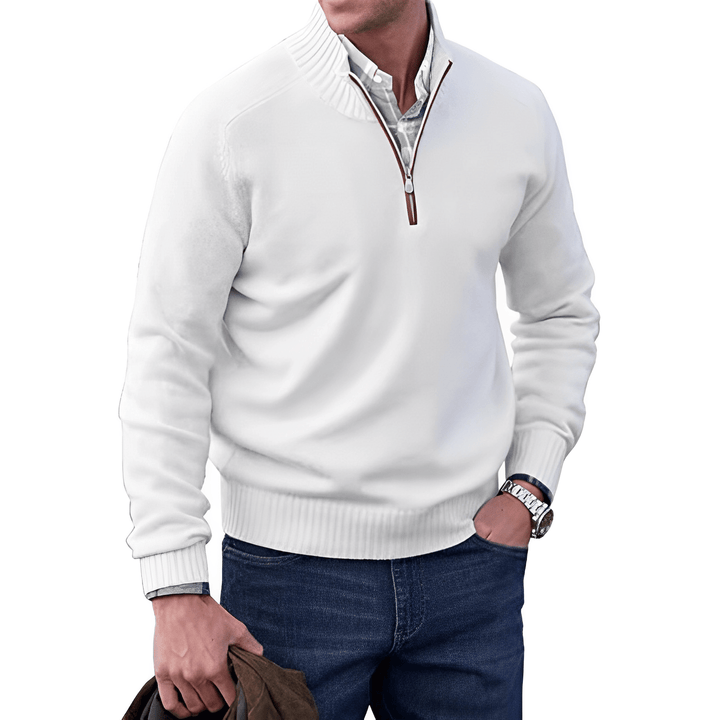 Herren Strickpullover mit Reißverschluss und Stehkragen-Weiß-M-Luzern Mode