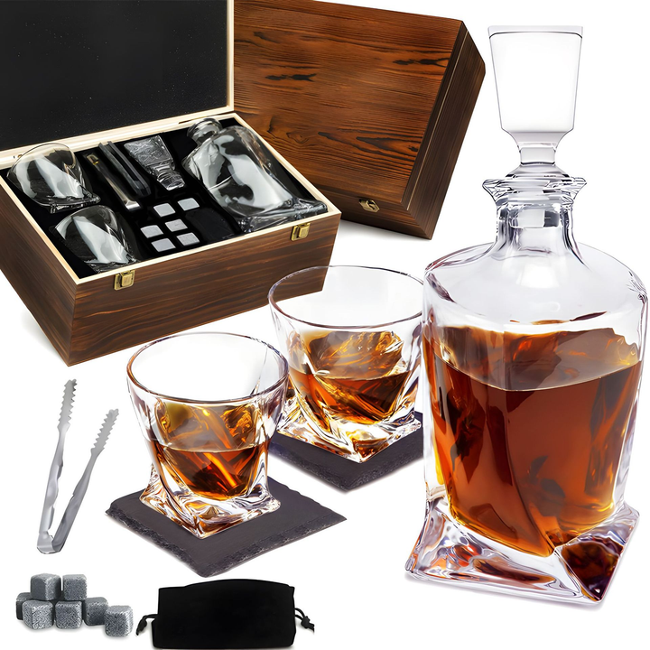 Luxus-Whiskey-Set | Kristall Karaffe Gläser Zange Holzbox Kühlsteine-Luzern Mode