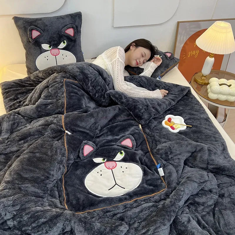 Cartoon-Decken- und Kissen-Set | Weich | Fleece | Warm | Decke | Kissen-Kat-Einzel (105x145cm)-Luzern Mode