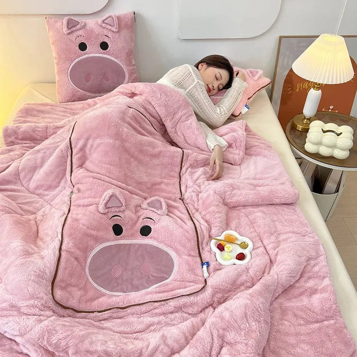 Cartoon-Decken- und Kissen-Set | Weich | Fleece | Warm | Decke | Kissen-Schweinchen-Einzel (105x145cm)-Luzern Mode