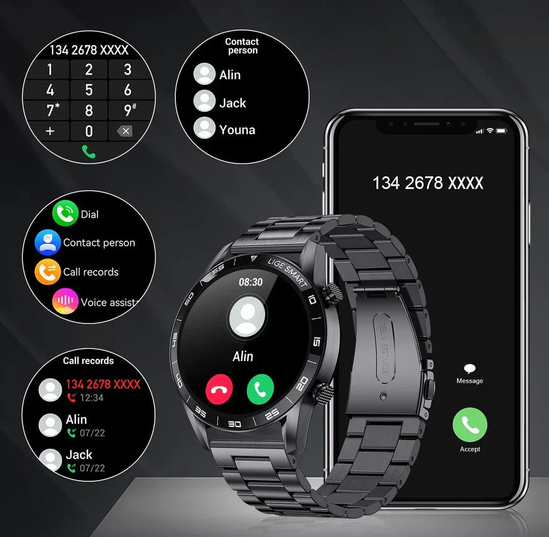Herren Smartwatch | Luxus | Edelstahl-Armband | Magnetisches Laden | Bluetooth-Luzern Mode