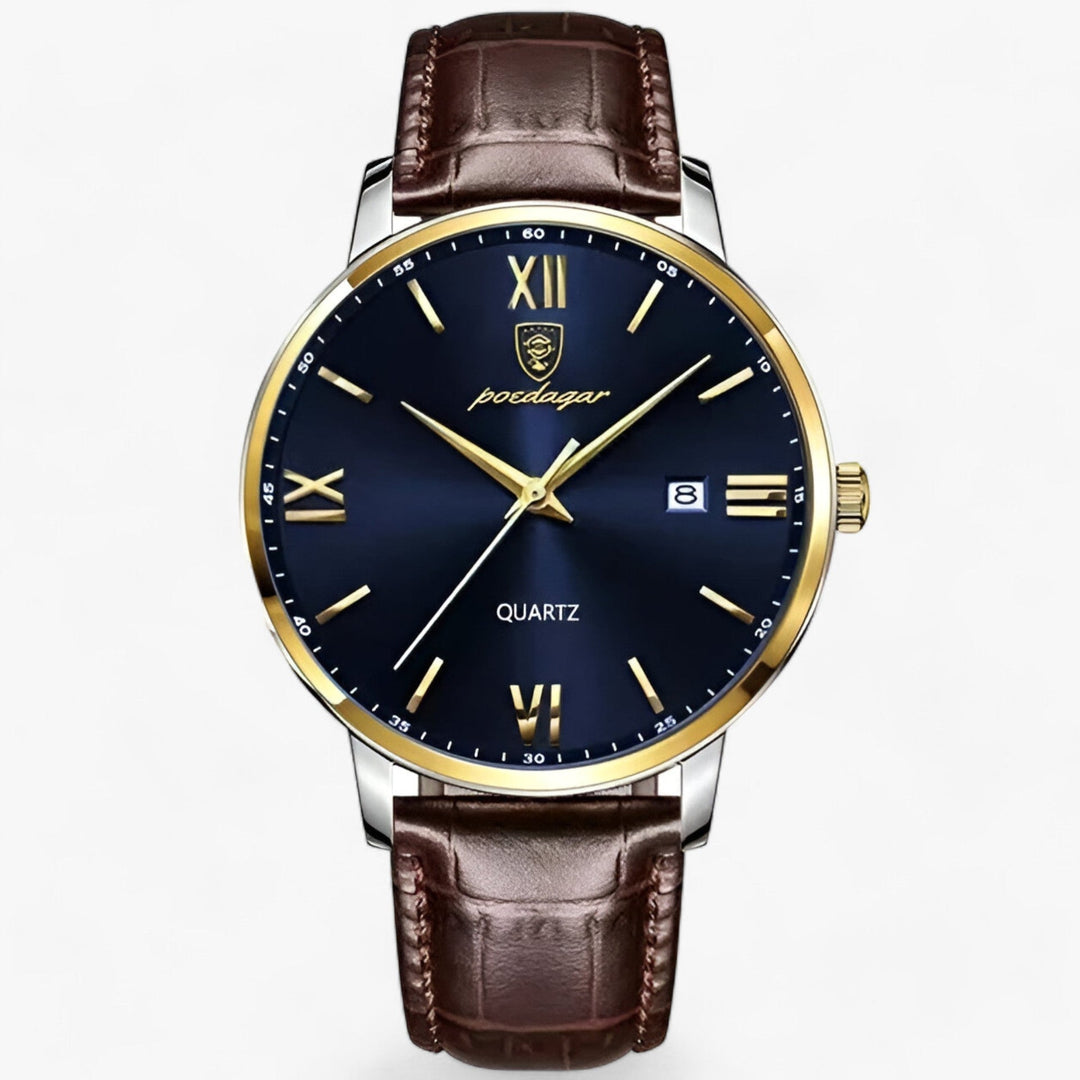 Herrenarmbanduhr | Lederband | Luxus | Rund | Römische Ziffern | Kalender-Gold Blau-Luzern Mode