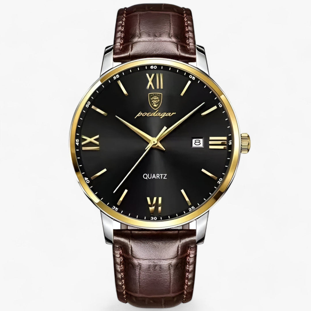 Herrenarmbanduhr | Lederband | Luxus | Rund | Römische Ziffern | Kalender-Gold Schwarz-Luzern Mode